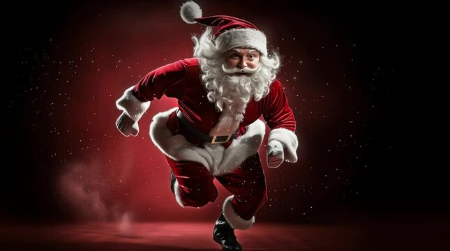 Senior Santa Claus man running fast in a red suit with a white beard on a dark red Christmas background