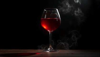 Naklejka premium Elegant Red Wine Glass with Smoke on a Dark Wood Table