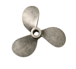 3 wing steel propeller PNG. Boat engine propeller.