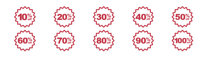 Collection of discount sticker red price tag set. Promotion 10, 15, 20, 25, 30, 35, 40, 50, 60, 70, 80, 90, 100 percent discount concept. 