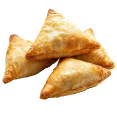 Crispy Golden Samosas: Delicious Triangle Pastries Filled with Spiced Potatoes and Peas on transparent background