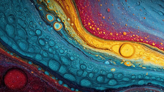 Abstract Fluid Acrylic Painting Texture Background with Vibrant Teal Gold and Red Swirls