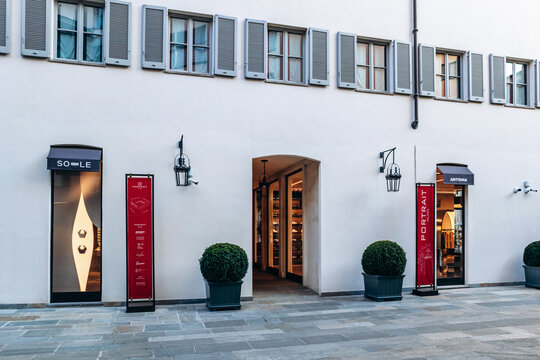 Milan, Italy - March 19, 2025 : Entrance to luxury multi-brand boutique Antonia Milano in the Portrait Milano complex, with elegant shopfronts and modern design in the fashion district