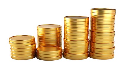 Four stacks of shiny gold coins increasing in height from left to right symbolizing financial growth and success