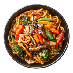 Delicious Vegetable Noodles with Broccoli, Peppers, and Beef in a Savory Sauce Served in a Black Bowl on transparent background