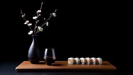 Still life photography of sushi rolls with sake and flower arrangement on wood board
