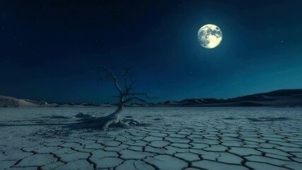 Dry cracked desert ground with dead tree under bright full moon in dark night sky creating calm eerie atmosphere barren landscape illuminated by moonlight and shadows
