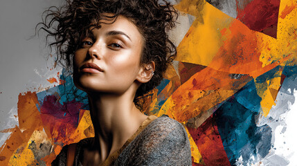 Close-up portrait of a diverse young person with a confident expression, surrounded by a swirling vortex of bold, pop-art inspired colors and graphic patterns