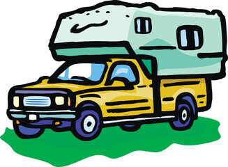RV, travel trailer, camper, motor home, line art, black and white, illustration, recreational vehicle, fifth wheel, van camper, vintage 1