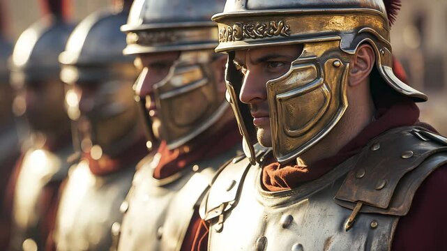 Roman soldiers in full metal armor and polished helmets, standing in perfect battle line on a dusty training ground