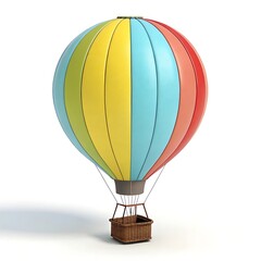 Obraz premium Vibrant striped hot air balloon with a woven basket suspended against a clean white background