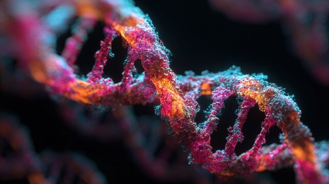 Microscopic view of vibrant DNA strand colorful helix genetic code scientific research