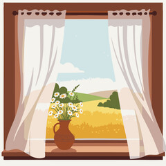 Open Window with Curtains and Wildflowers in Vase, Flat Vector Scene