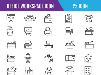 Office Workspace Icons. Home office essential objects icon set, workspace, productivity,  meeting desk,computer,  standing desk,ergonomic chair, Minimalist office icon set for modern workspace design.
