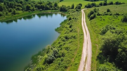 Aerial top view of a country road in a green summer forest and blue lake