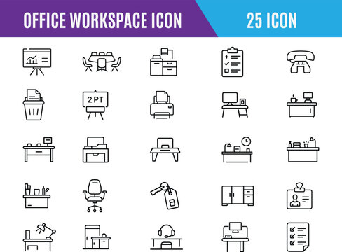 Office Workspace Icons. Home office essential objects icon set, workspace, productivity,  meeting desk,computer,  standing desk,ergonomic chair, Minimalist office icon set for modern workspace design.