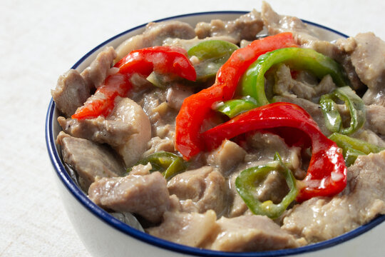 A closeup view of a bowl of bicol express.