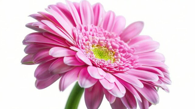 A pink flower sits alone in a clear glass vase, perfect for decorative or editorial use