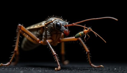 Fototapeta premium Macro Shot of a Stinkbug and Small Bug on Dark Background