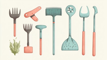 Whimsical depiction of assorted gardening implements in soft pastel tones