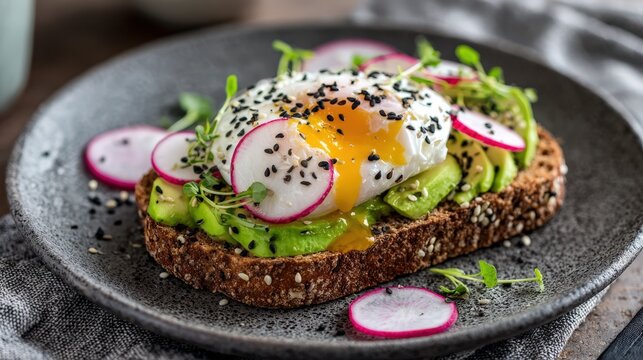 Delicious Avocado Toast with Poached Egg Radishes and Sesame Seeds Healthy Breakfast Food