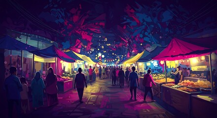A vibrant night market scene with crowds of people browsing stalls.