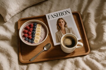 A cozy breakfast in bed. Wooden tray with a bowl of fruit, a cup of coffee, and a fashion magazine. Relax, slow living