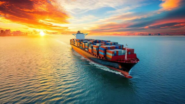 Container ship cargo ship ocean sea sunset shipping transportation freight water sky colorful clouds horizon vessel industry logistics large commercial maritime travel blue orange yellow wave port