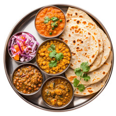 Traditional Indian Thali with Lentil Dishes, Roti, and Salad in a Vibrant Serving Bowl on transparent background