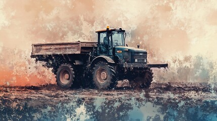 Tractor trudging through muddy field, agricultural work in rough terrain