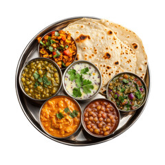 Traditional Indian Thali with Assorted Curries, Roti, and Yogurt in a Metal Platter, Vibrant and Appetizing Presentation on transparent background