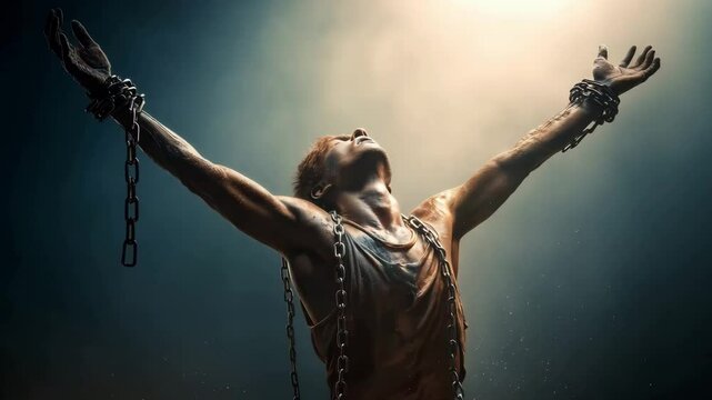 A muscular man stands in powerful lighting, breaking free from chains, symbolizing strength and resilience in a compelling display