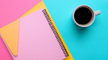Colorful workspace composition with coffee and notebook on a vibrant background