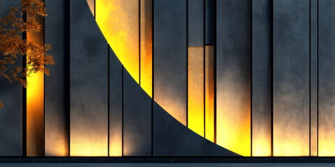 Dark concrete wall with glowing golden light panels