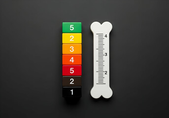 Color-coded blocks and a bone-shaped ruler for measurement