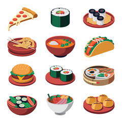 vector icons cooking food chef hat include a pizza slice, a sushi roll, spaghetti and meatballs, a curry bowl burger , fish 
