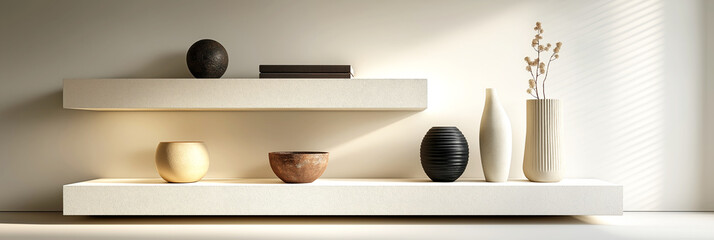 Modern shelf with decorative vases in soft light