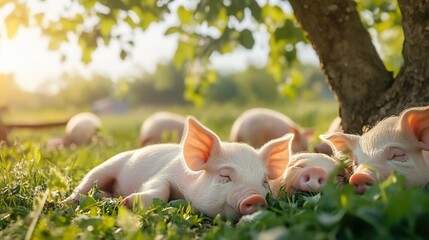 Serene Slumber, A Peaceful Piglet Nap Under the Shady Orchard Canopy