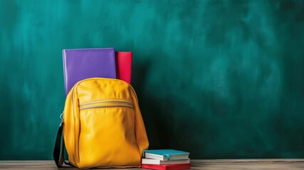 A yellow backpack sits beside a stack of colorful books on a wooden table in front of a green chalkboard, perfect for back to school preparation - Powered by Adobe
