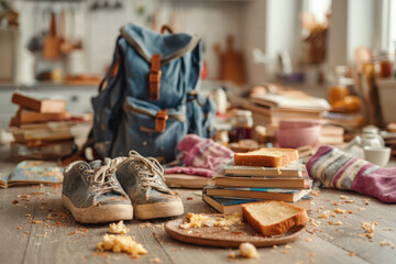 Messy kitchen table with schoolbooks, toast, socks and backpack. Busy morning rush during school preparation