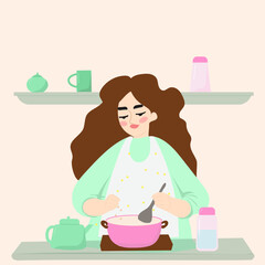 Flat vector illustration with woman cooking, kitchen lifestyle, young housewife isolated