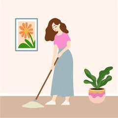 Flat vector illustration young woman washing the floor with mop, domestic life, housecleaning, woman isolated working