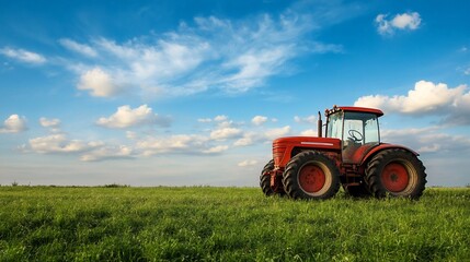 Crimson Tractor Standing Tall in a Vibrant Green Meadow Under a Blue Sky