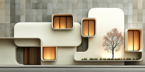 Contemporary building facade with glowing windows and central tree