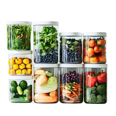 Colorful Variety of Fresh Vegetables and Fruits in Clear Storage Jars for Healthy Living on transparent background