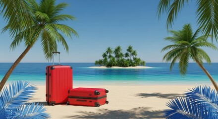 Obraz premium Tropical vacation destination with luggage on beach