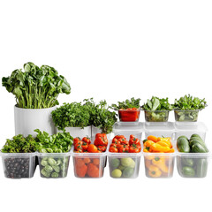 Fresh and Colorful Assortment of Vegetables and Herbs in Clear Containers for Healthy Cooking on transparent background