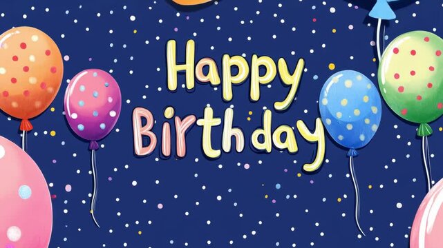 Happy birthday greeting features colorful balloons, cheerful decorations, and a festive atmosphere with confetti over blue backdrop