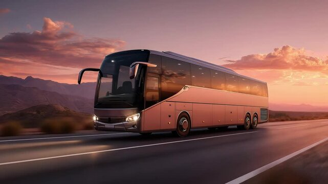 A luxury bus travels along a highway at sunset, highlighting a scenic mountain backdrop and a tranquil atmosphere