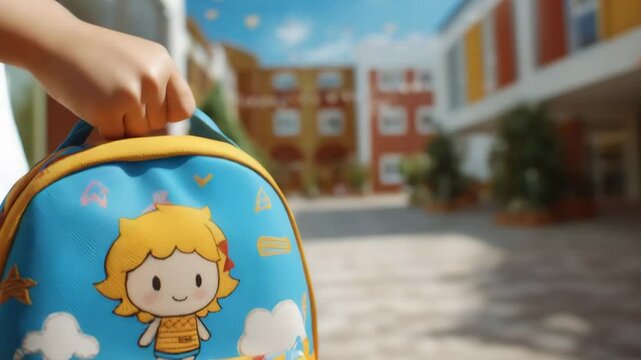 A child holds a cartoon themed backpack while walking through a vibrant school courtyard filled with colorful buildings under a clear sky